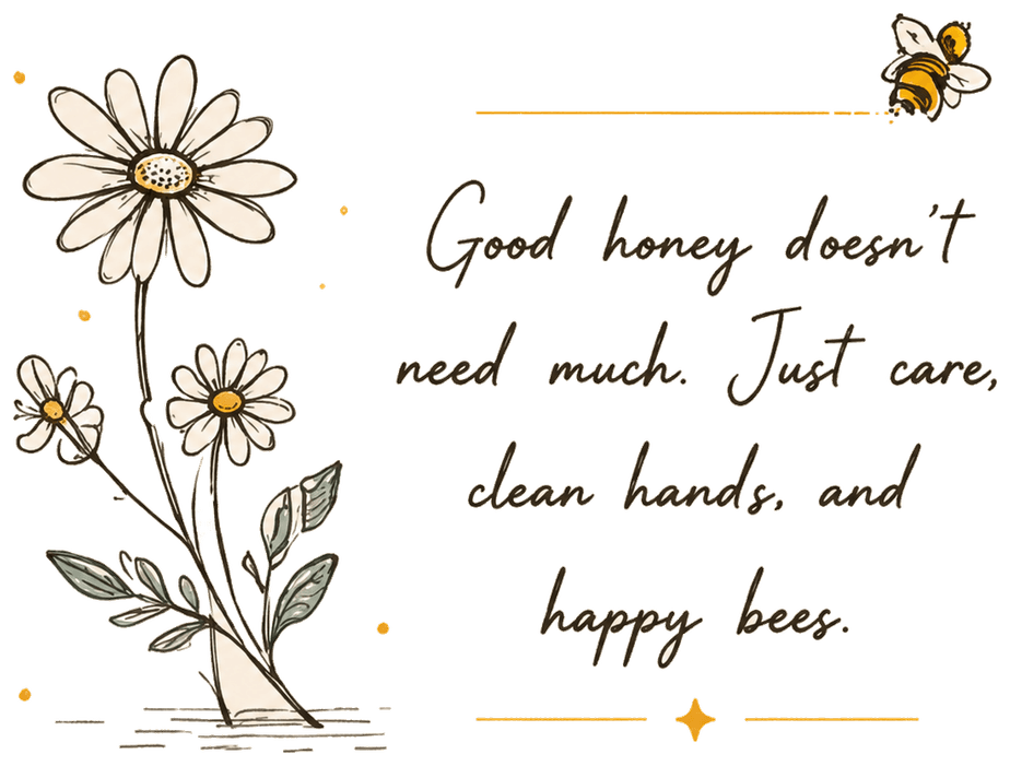Good honey doesn't need much. Just care, clean hands, and happy bees.